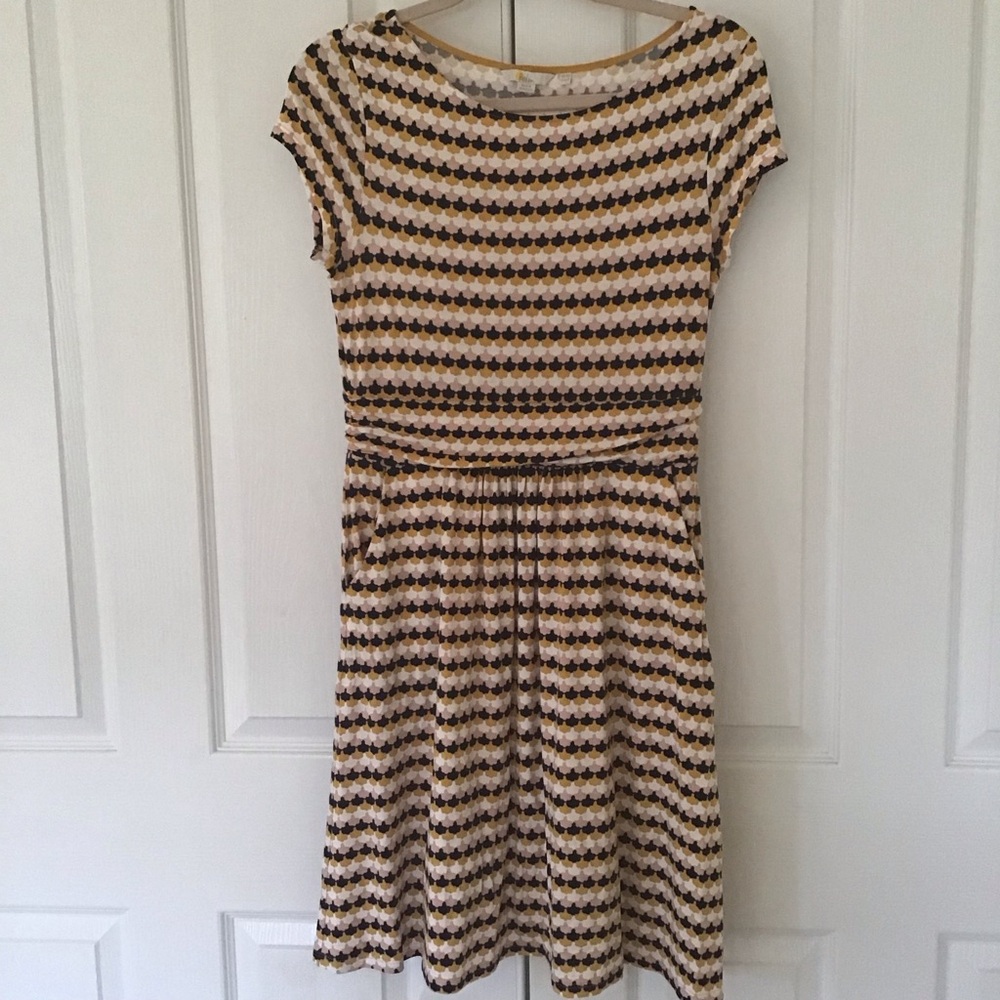 Casual Striped Fit-and-Flare Dress in Cream, Brown & Mustard